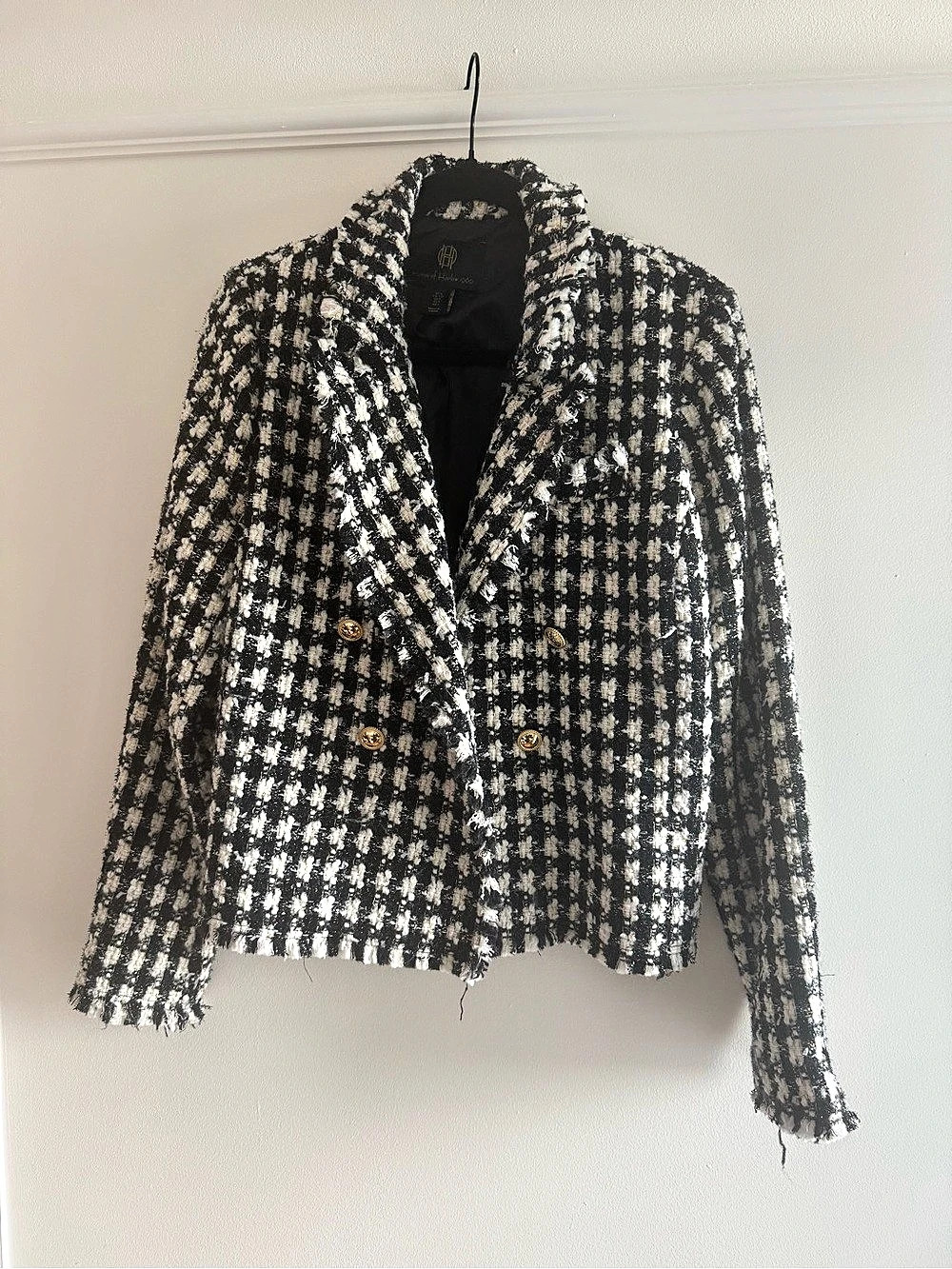House of Harlow 1960 Houndstooth Tweed Double Breasted Blazer Black & White